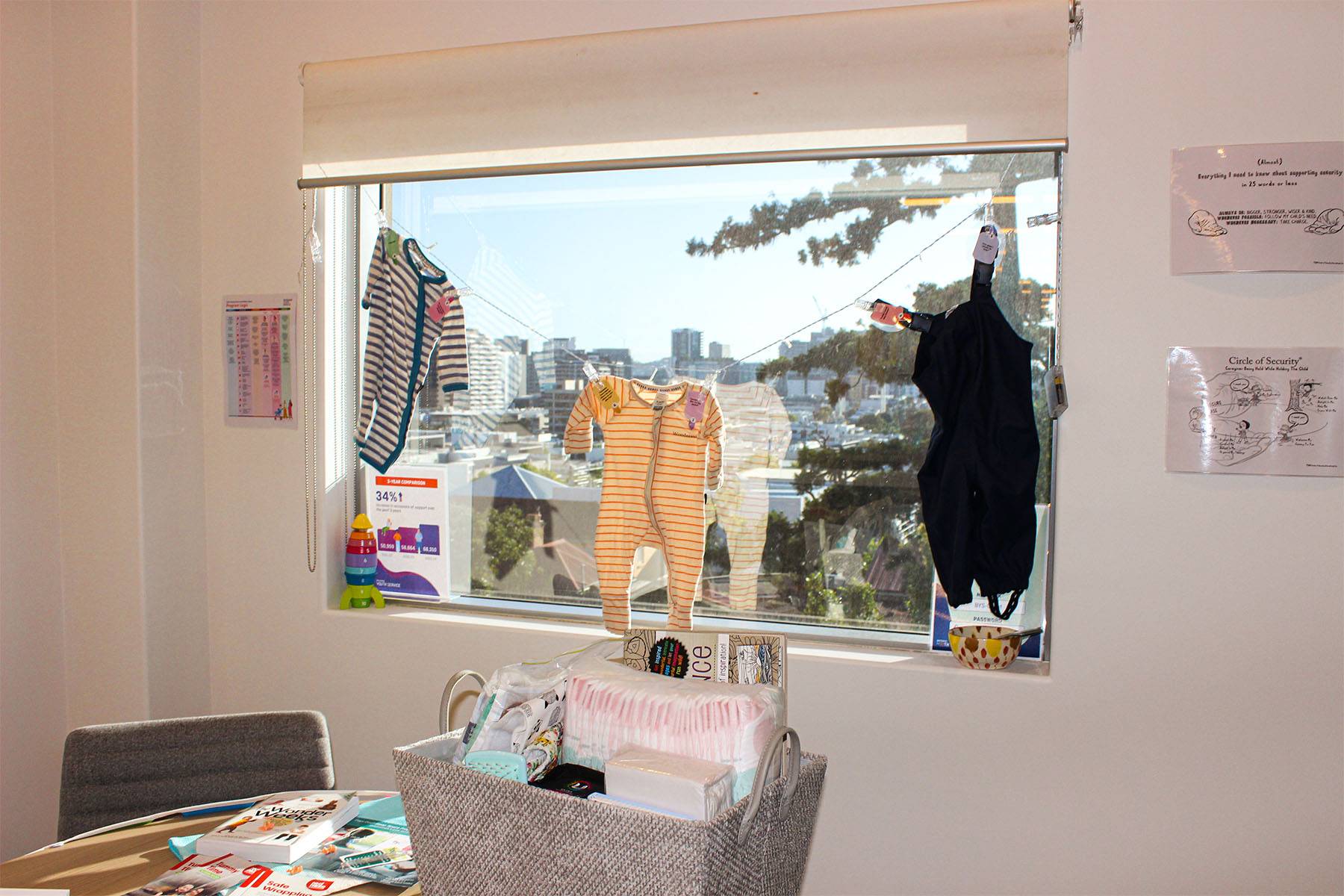 Onesies on display with other materials from Safe Young Mums and Bubs program